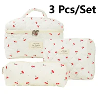 3 PCS/Set Women Quilted Makeup Bag Cherry Pattern Cosmetic Handbag with Clutch Bag & Pen Case Large Capacity Travel Storage Bags 2