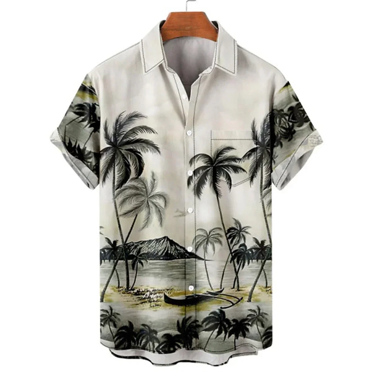 Summer men's coconut tree print collar shirt Hawaii casual vacation men's short sleeved button pocket high-quality shirt XS-5XL