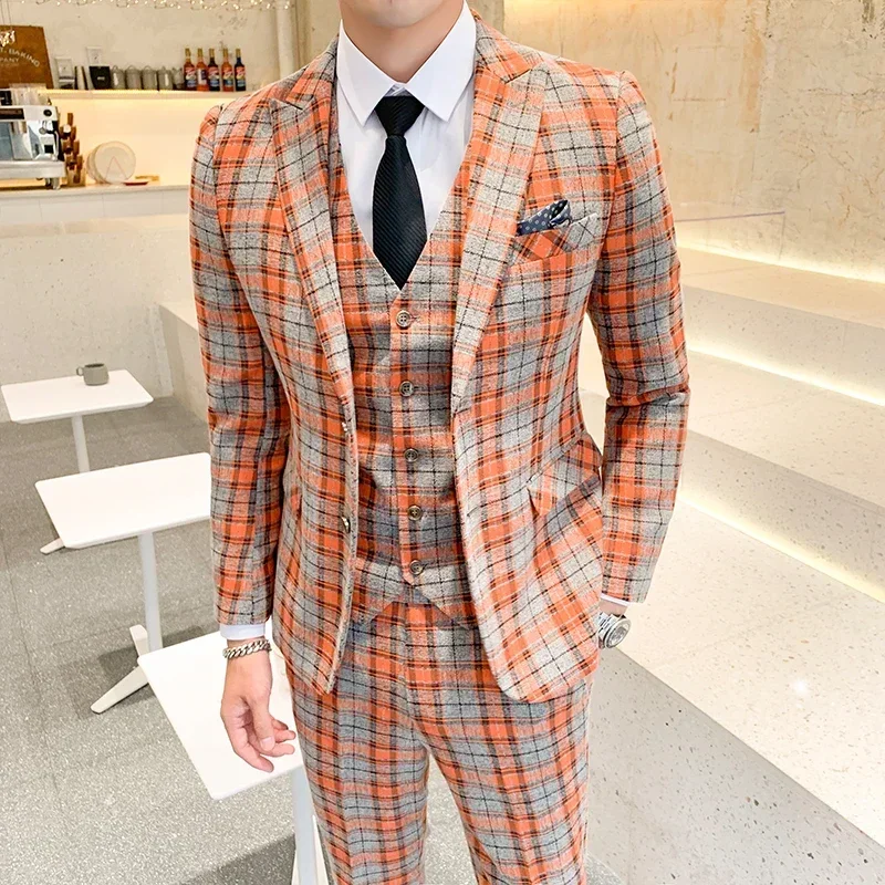 Mens Casual Business Suit Plaid 3pces Set Jacket Vest Pants Groom Wedding Dress Blazer