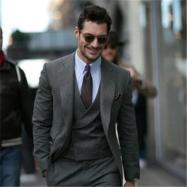 Grey Autumn And Winter Tweed Men Suit Smart Casual High Quality Slim Fit Blazer Hombre Business Custom 3 Piece Traje De Hombre