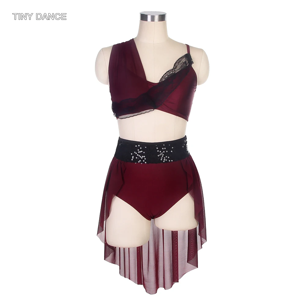 

2 Pcs Set Ballet, Lyrical and Contemporary Dance Costume Adult Girls Stage Costumes Burgundy Bra Top and Seperate Skirts 19606