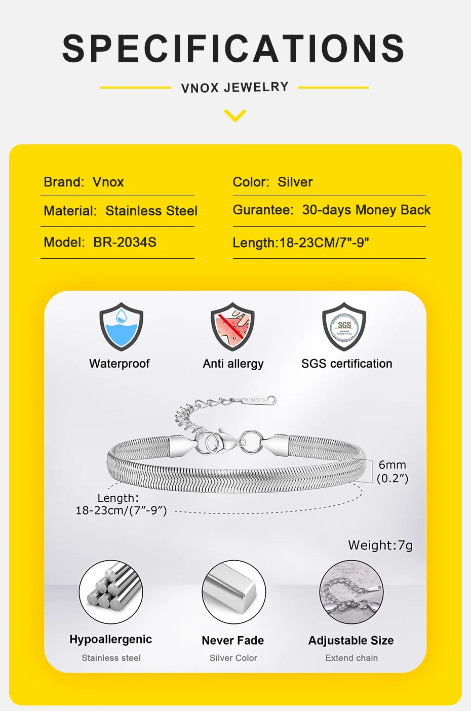Vnox 6mm Unisex flache Schlangen kette Armbänder, Herren Frauen Fischgräten muster Glieder Armband, verstellbarer Edelstahl einfachen Schmuck – Detail 4