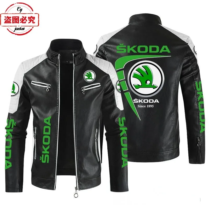 Skoda car LOGO retro washed pu leather jacket four seasons WRS rally skoda team men's jacket 2