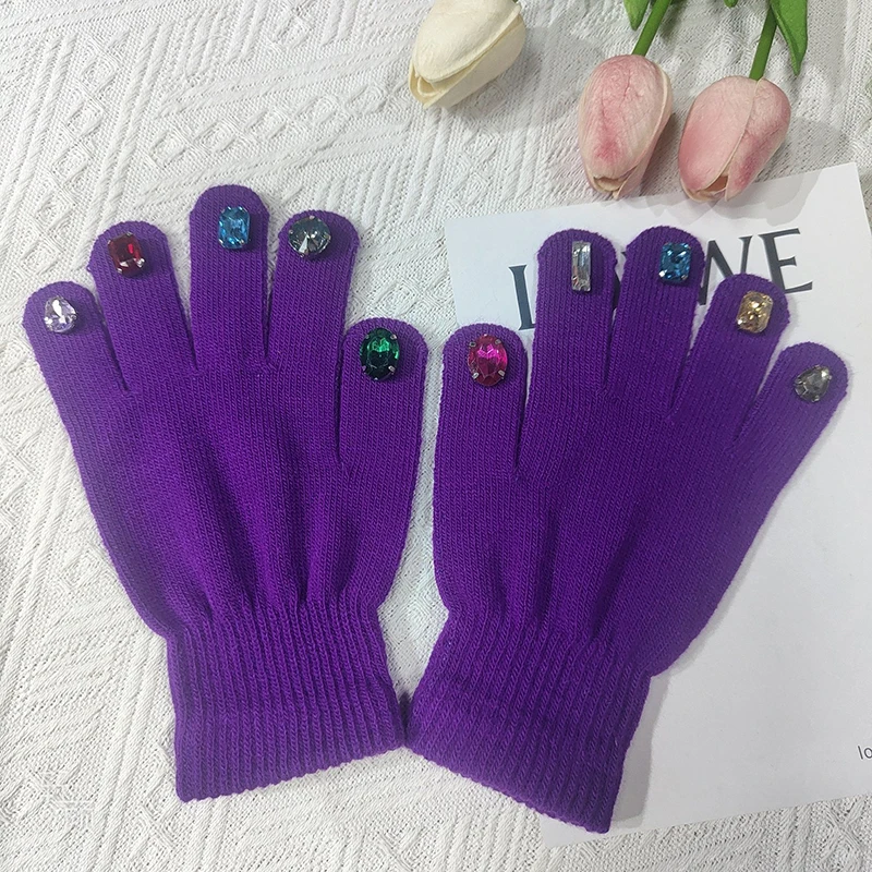 Winter Creative DIY Finger Thickened Warm Manicure Gloves Women Knitted Mittens Shiny Rhinestone Colored Diamond Gloves