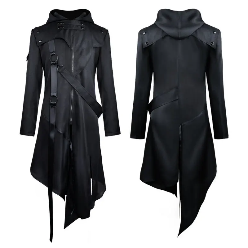 

Adult Men Medieval Black Windbreaker Coat Vintage Steampunk Halloween Cosplay Hooded Cloak Long Cardigan Zip Jackets
