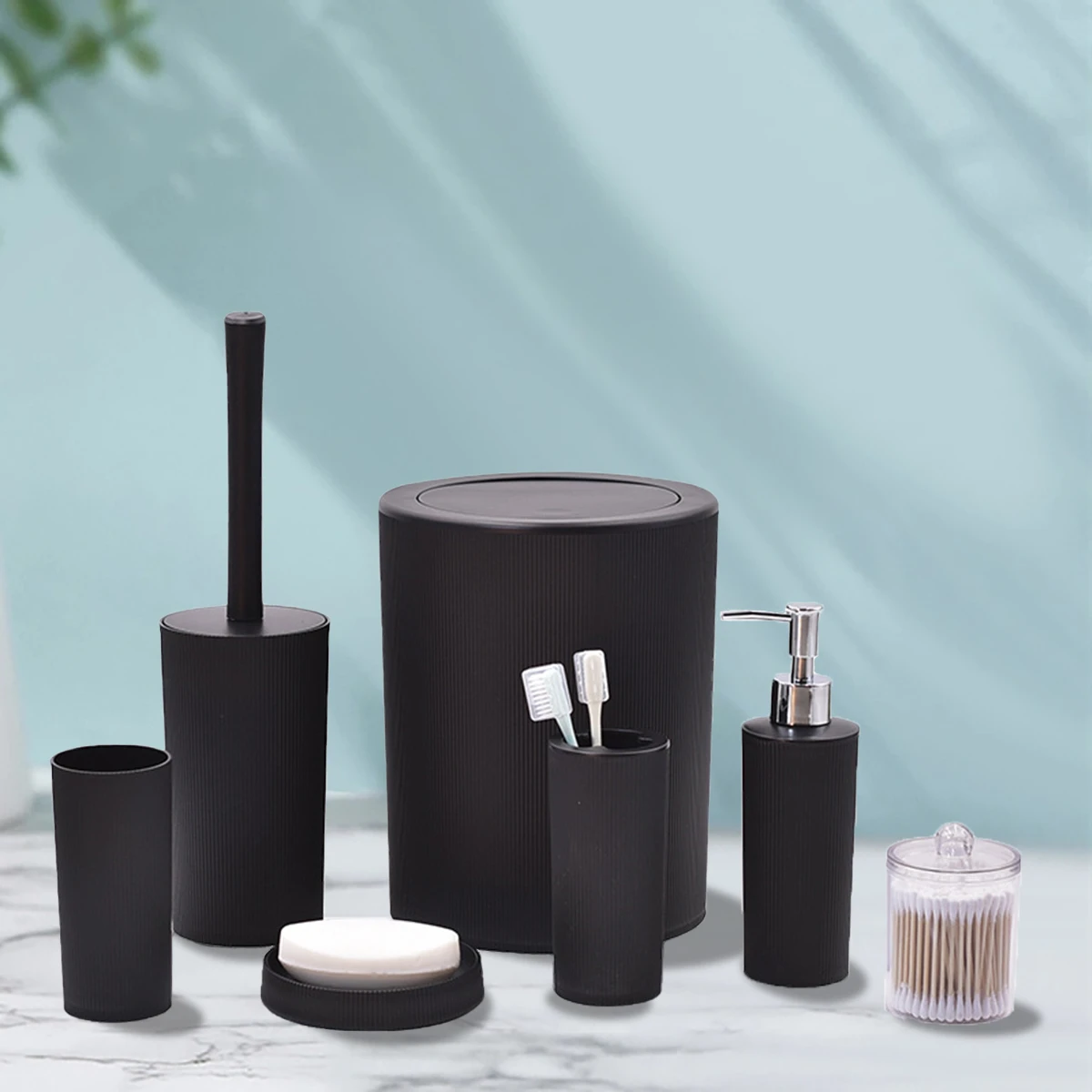 Bathroom Accessory Sets 7pcs/set Toilet Brush Holder Cotton Swab Jar Bathroom Tumbler Soap Dish Soap Dispenser Trash Can
