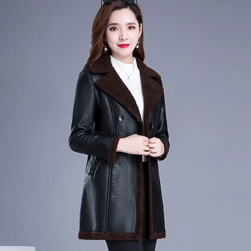 여성용 시크한 가죽 재킷, 긴 오버사이즈 6XL 플러스 벨벳, 두껍고 따뜻한 슬림 퍼 원 코트, 패션, 가을, 겨울, 2024