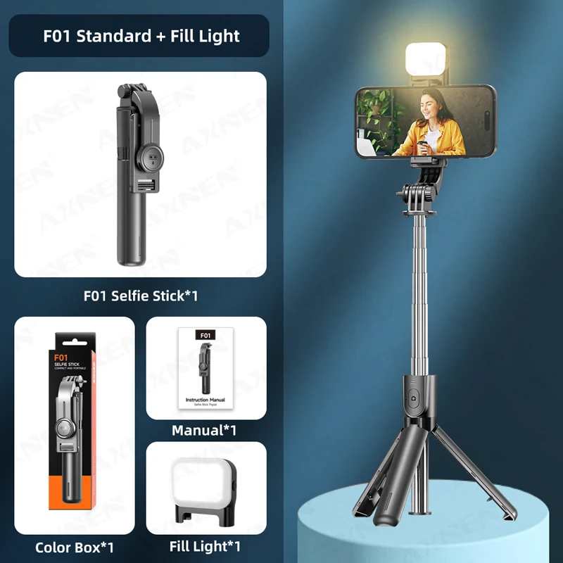 Wireless Bluetooth Selfie Stick Tripod with Phone Holder and Optional Fill Light