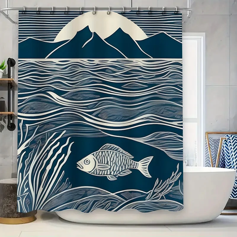 Modern Artistic Blue and White Fish and Mountain Pattern Waterproof Shower Curtain for Stylish Bathroom Decor, Easy Instal 4