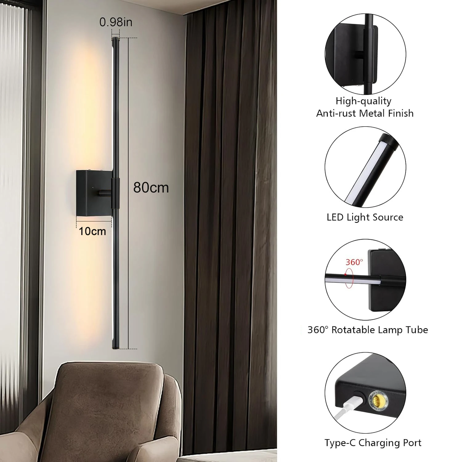 Rechargeable LED Wall Lamp Rotatable Segmented Warm Light For Living Room Bedroom Hallway Study Room Restroom Indoor Lighting