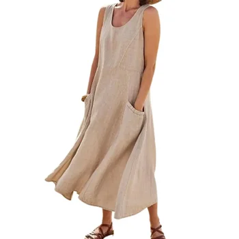 Sleeveless Suspenders Cotton Linen Dress Women Side Double Pocket Splicing Solid Color Dresses Women Summer Casual Commuter Gown 1