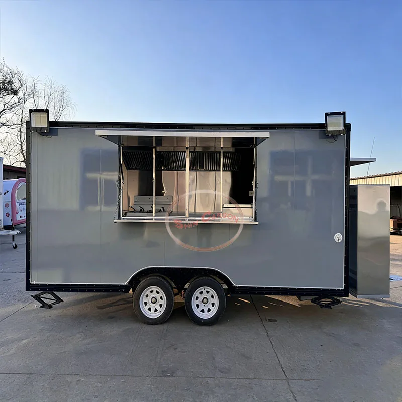 Outdoor Food Trailer Silver-Gray Dual-Wheel Structure with Side Serving Window Catering Truck Mobile Kitchen Trailer S7c3519fa353e4d21861479ad07d78c42f