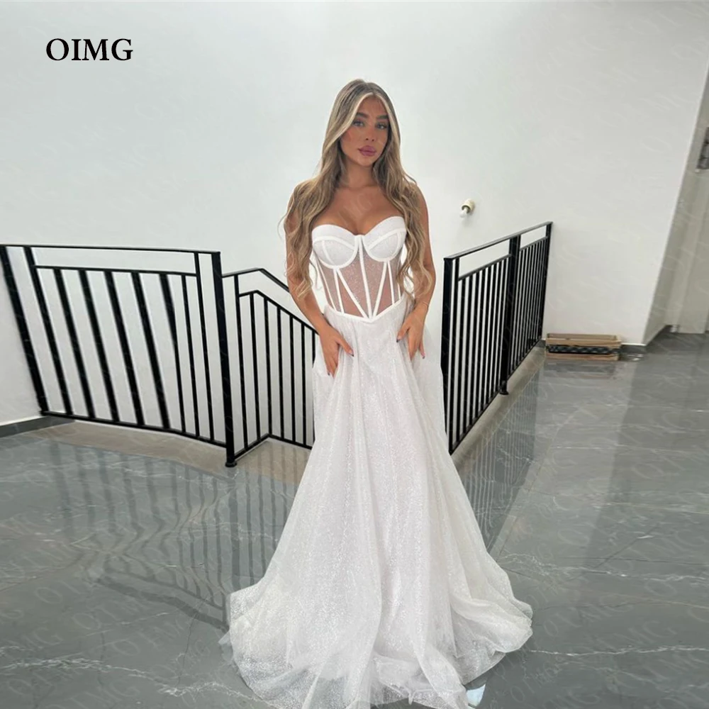 Oimg Sweetheart Shiny Glitter Beach Abiti Da Sposa Boho A Line Maniche Lunghe Split Princess Bride Abiti Da Sposa Robe De Mariage