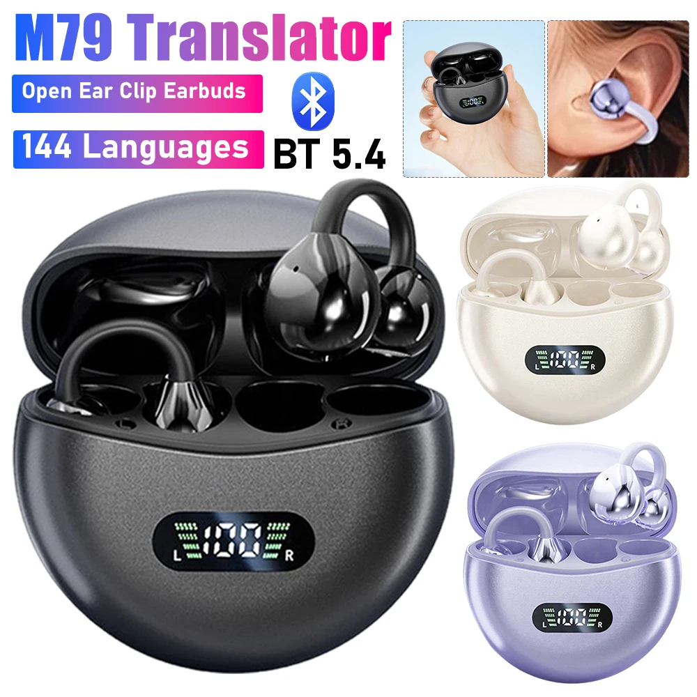 M79 AI Translator Earbuds Language Translation Earphones Real-Time Translation Noise Cancelling BT 5.4 Open Ear Clip Earbuds
