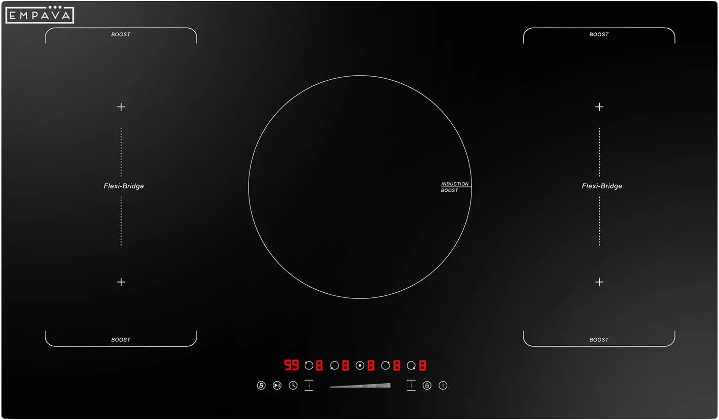 36 Inch Induction Hob Electric Cooktop Flat Glass Top Stove with 5 Burners Bridge Function Timer Pause Child Lock Booster