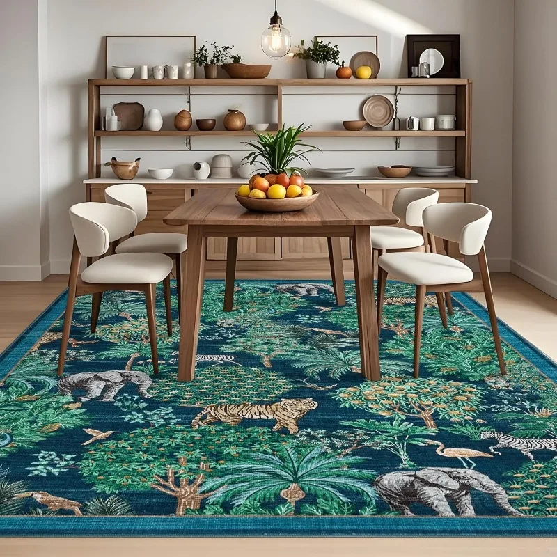 Green Living Room Carpet Tropical Jungle Animal Plant Print Bedroom Rugs Machine Washable Non-slip Coffee Table Mats Ковер Tapis