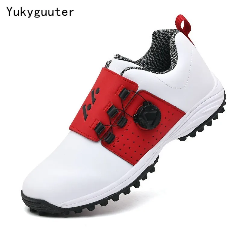 Men Golf Shoes Waterproof Leather Golfer Sports Shoes Knob Quick Lacing Golf Sneakers Women Comfortable Walking Golfing Footwear