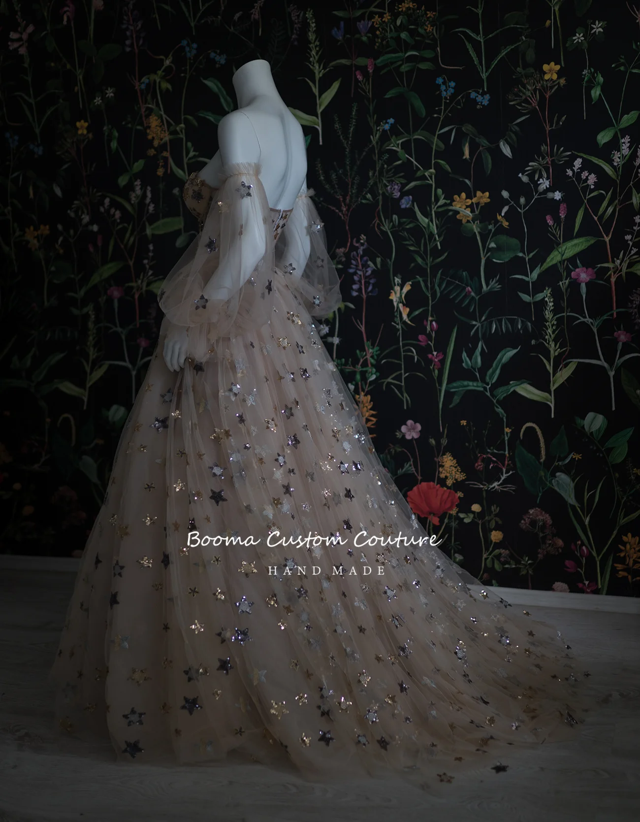 Booma Fairy Champagne Starry Tulle Prom Dresses Sweetheart Puff Sleeves High Slit A-Line Party Gowns Formal Evening Dresses