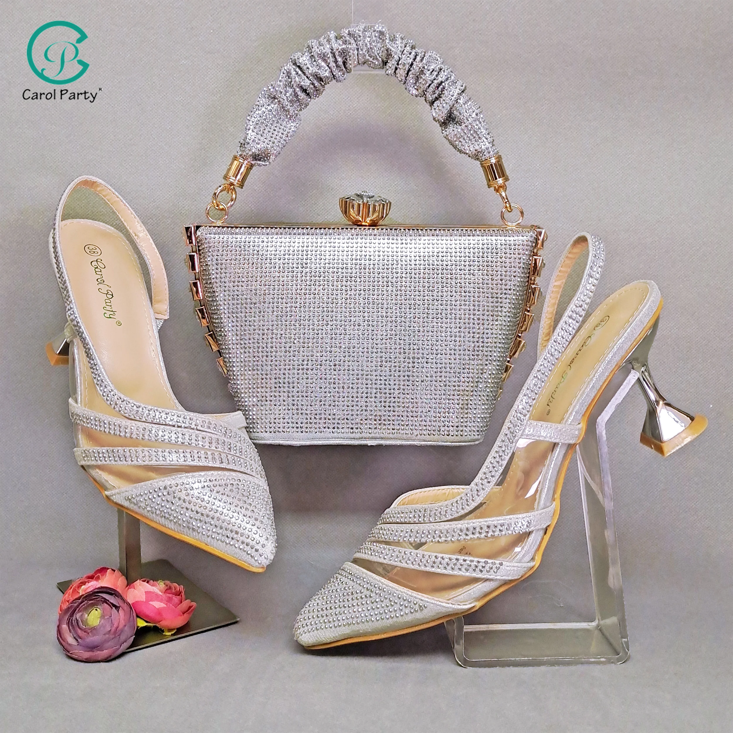 

QSGFC New Silver Comfortable Streamlined Pointed Women's High Heels with Trapezoidal Luxury Handbag Shoe Bag Set