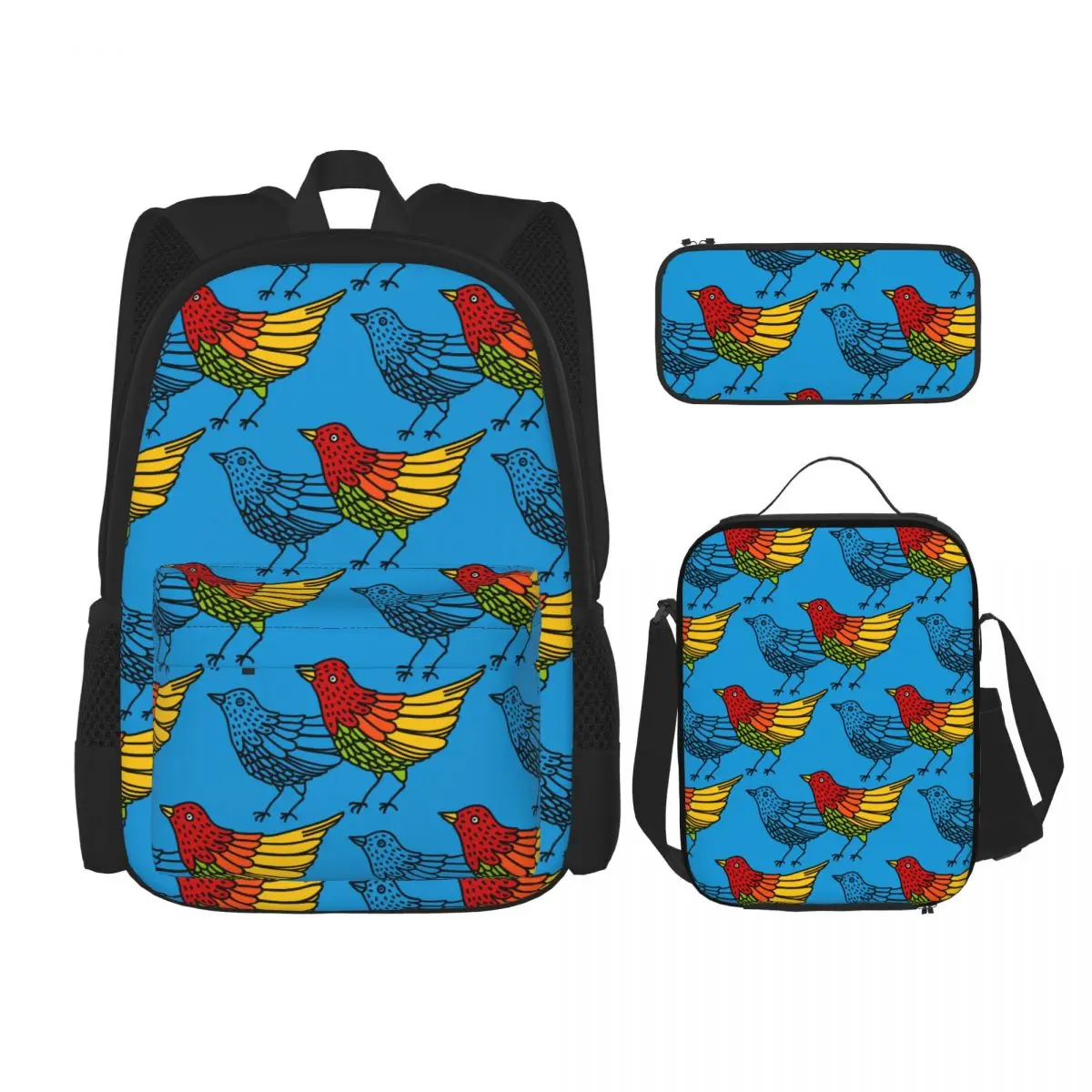 

3 Pcs/Set School Backpack for Girls Children Schoolbags Kids School Pencil Case Lunchbox Colorful Hand Drawn Bird