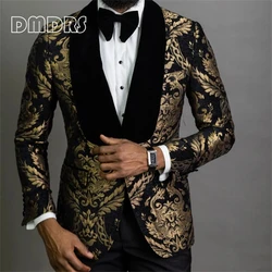 Floral Jacquard Blazer for Men Prom African Fashion Slim Fit with Velvet Shawl Lapel Male Suit Jacket for Wedding Groom Tuxedo