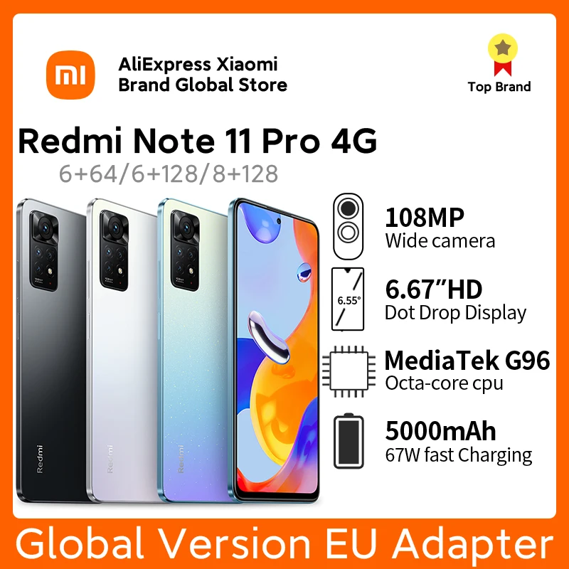 

Global Version Xiaomi Redmi Note 11 Pro 4G Cellphones 128GB Octa Core Helio G96 108MP 120Hz AMOLED 67W Fast Charge Smart Phone
