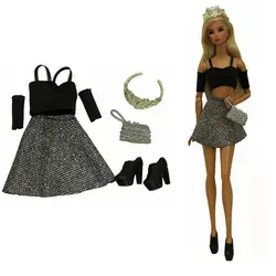 Vêtements pour poupées Barbie, ensemble de tenues, gilet, haut court, jupe, chaussures couronne, accessoires jouets, 1/6, 11.5, noir, BJD 