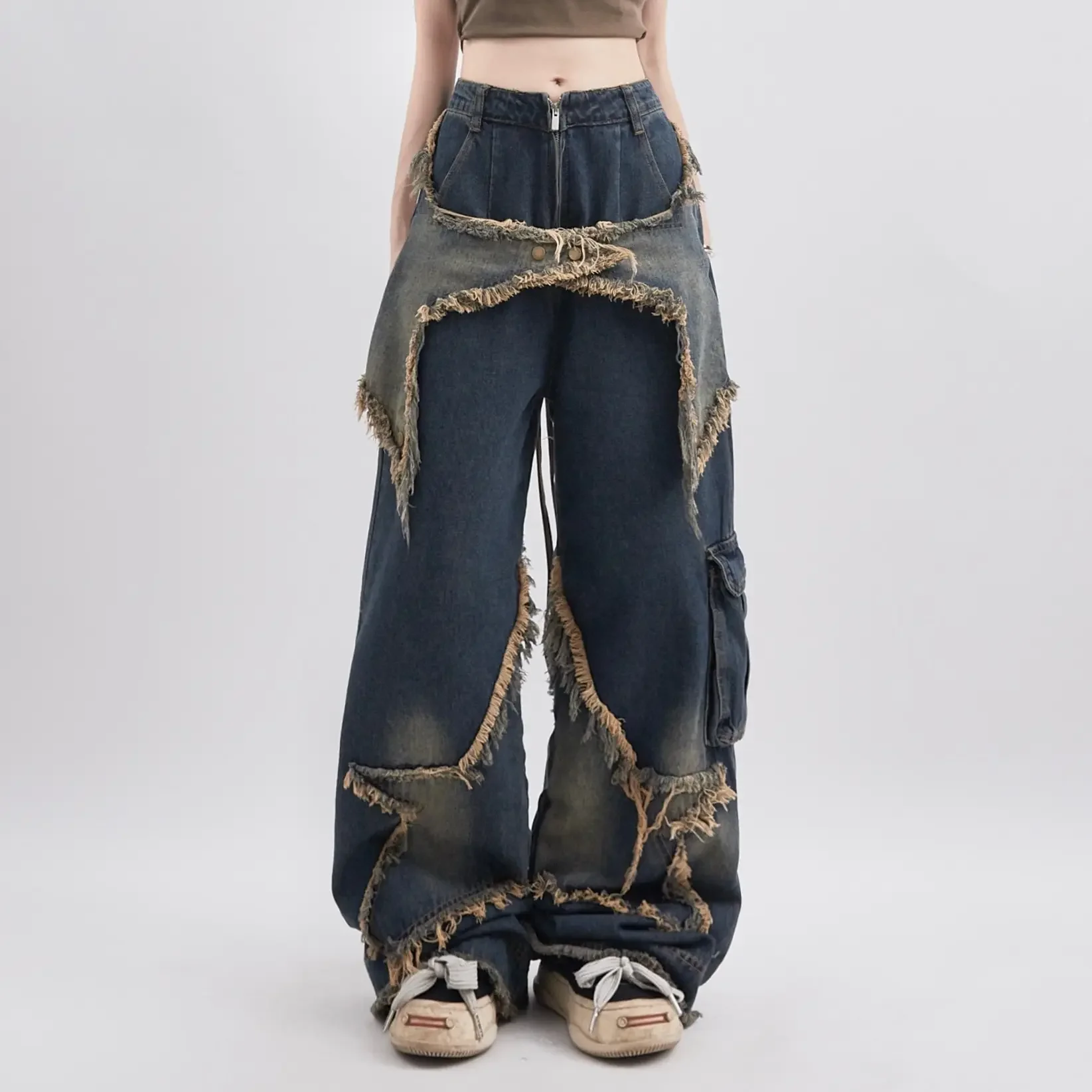 Y2K Vintage Women Denim Jeans Korean Streetwear Oversize Star Aesthetic Straight Trousers Wide Leg Jeans Grunge Pants Clothes streetwear fashion printed wide leg fifth jeans woman 2023 summer new casual oversize loose all matching straight denim shorts