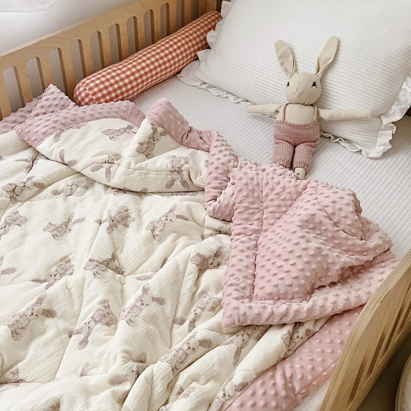Baby Minky Dot Quilt for Autumn Winter Bear Rabbit Muslin Newborn Crib Blanket Comforter Kids Fleece Thermal Sleeping Cover