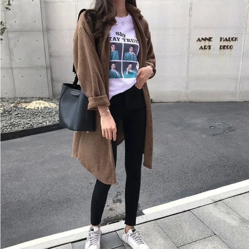 Spring Autumn Fashion Flip Collar Women's Cloth Mid length Single breasted Blouses Corduroy Female Clothes Cardigan Women's tops
