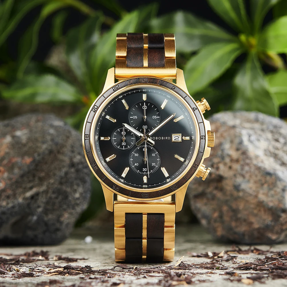 BOBO BIRD Men's Wooden Watch Classic Chronograph Military Watches New Top Quartz Wristwatch Japanese Movement Custom Gift Box