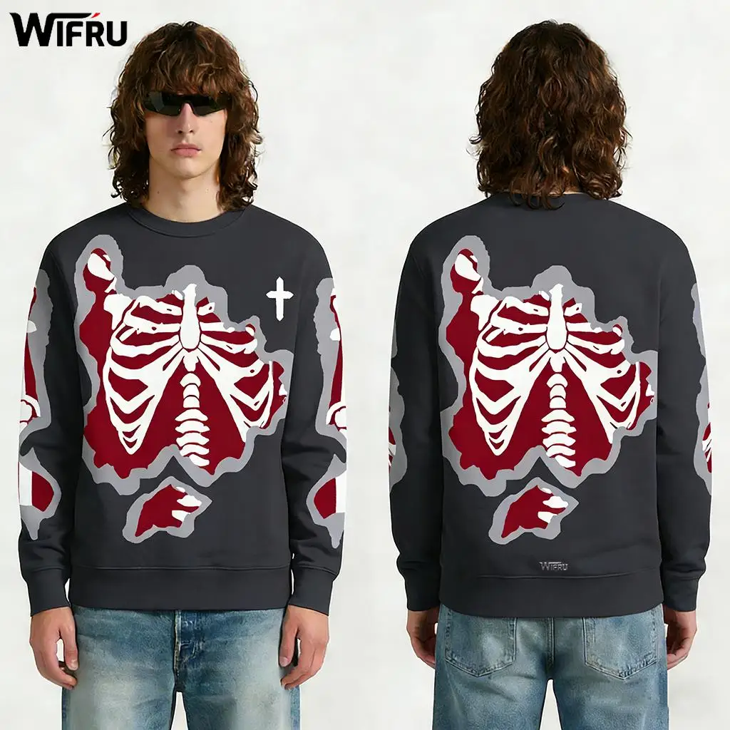 Edgy Fashion Skeleton Graphic Sweatshirt Dark Gothic Ribcage Print Unisex Tops WIFRU Street Cool Hip Hop Langarm-Pullover