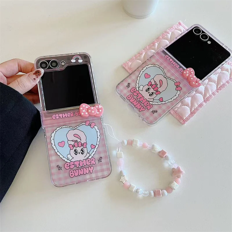 Korean Cute Bow Rabbit Phone Case with Chain and Hinge  - Kawaii  Cover