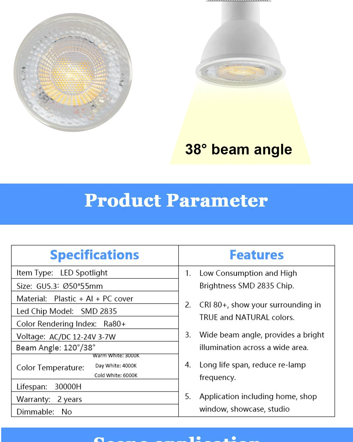 3W, 5W, 6W, 7W, 50W, Spotlight LED