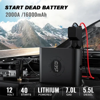 Compressore d'aria Jump Starter, avviamento di emergenza a batteria da 2000 A con gonfiatore digitale per pneumatici da 150 PSI, pacco booster batteria Jump Box da 12 V