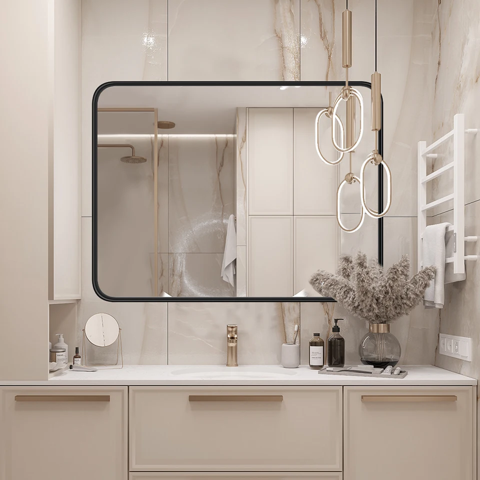 Modern Matte Black Metal Framed Bathroom Mirror