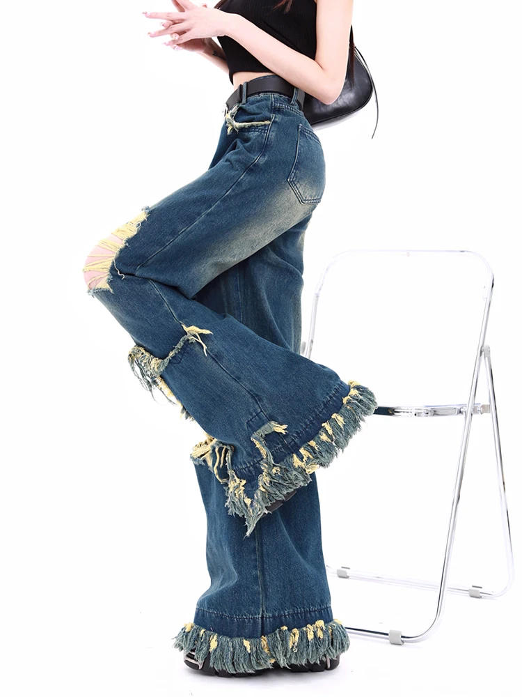 Retro American High Street Ripped Holes Jeans Girl Vintage Blue Oversized Denim Trousers Fashion Beaded Wide Leg Pants Women Y2K