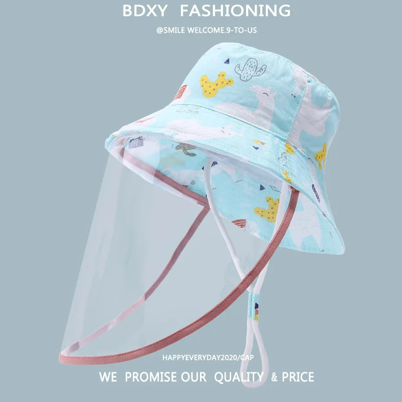 Kids Baby Boy Girl Bucket Hat Protective Face Shield Cover Detachable Mask Anti Saliva Dustproof Printed Children Sun Hat Cap