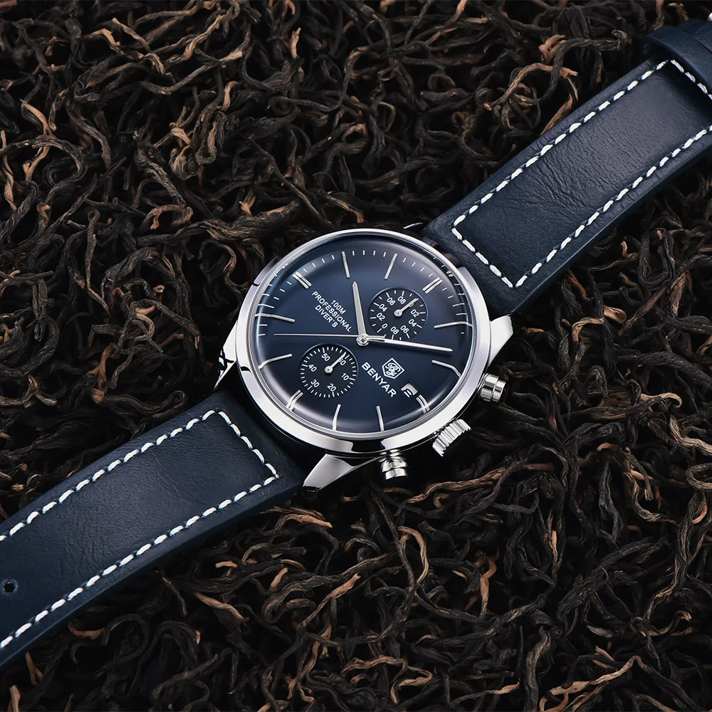 BENYAR New Leather Men Quartz Wristwatches Luxury Brand 100M Waterproof Men Watch Military Sports Chronograph Watch For Men