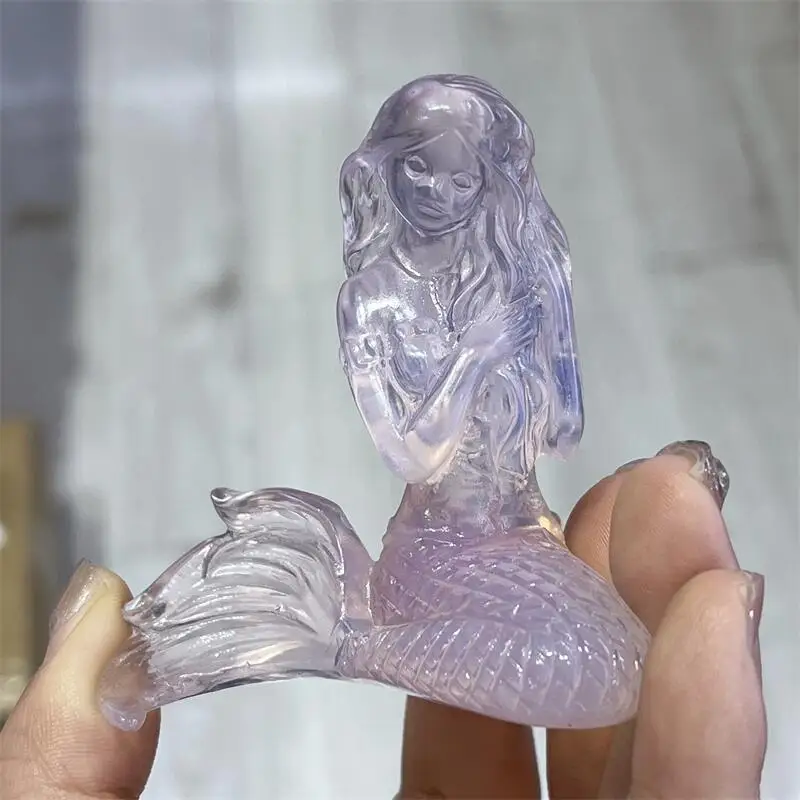 High Quality Pink Opalite Mermaid Carving Animal Crafts Healing Crystal Stone Feng Shui Home Decoration Gift 1PCS 2