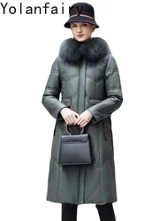 Genuine Leather Down Jacket Women's Fox Fur Collar Mid Long Down Coat 2023 New Loose Sheepskin Leather Jackets Female Clothing F