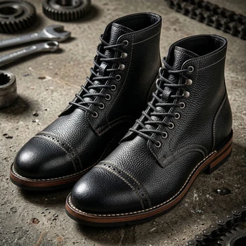 Calf Leather Western Boots Men Winter Cowboy Shoes Motorcycle Driving Boots