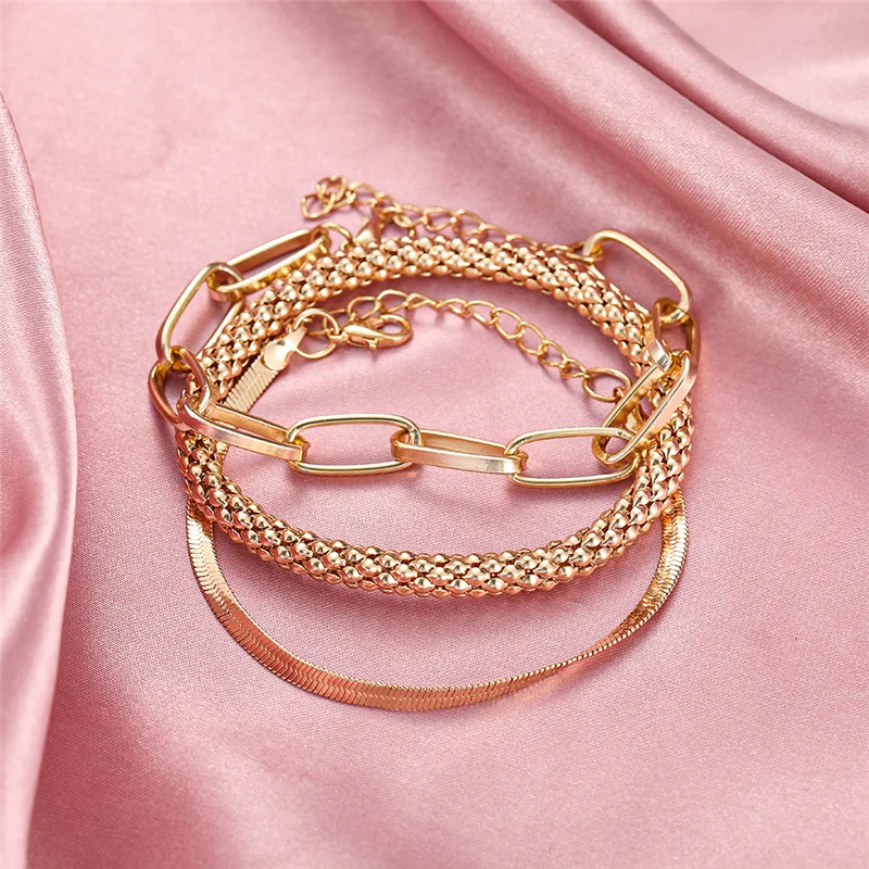 3PCS/Set Fashion Thick Chain Link Bracelets Bangles For Women Vintage Snake Chain Gold Silver Color Bracelets Set Punk Jewelry