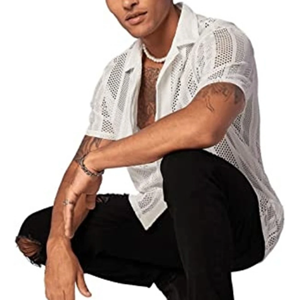 

Men Shirt Shirt Top Breathable Club Hollow Out Men See Through Short Sleeves Single Breasted Cardigan Affordable