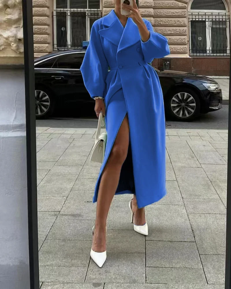 Women Woolen Coat Lapel Double-Breasted Office Lady Long Jackets Autumn Lantern Sleeve Windbreaker Thick Streetwear Female Coats
