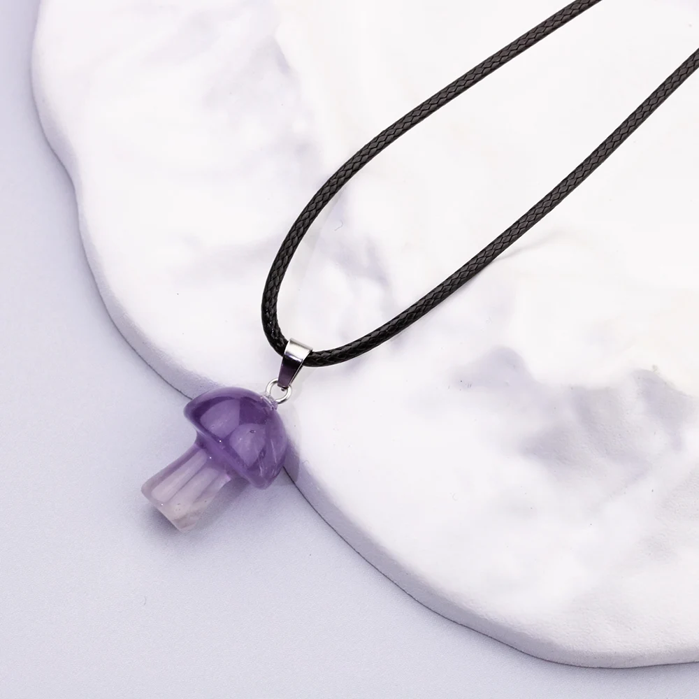 12pcs Natural Gem Stone Rose Quartz Crystal Amethyst Tiger Eye Fluorite Carved 2cm Mushroom Pendant Necklace For Women Jewelry