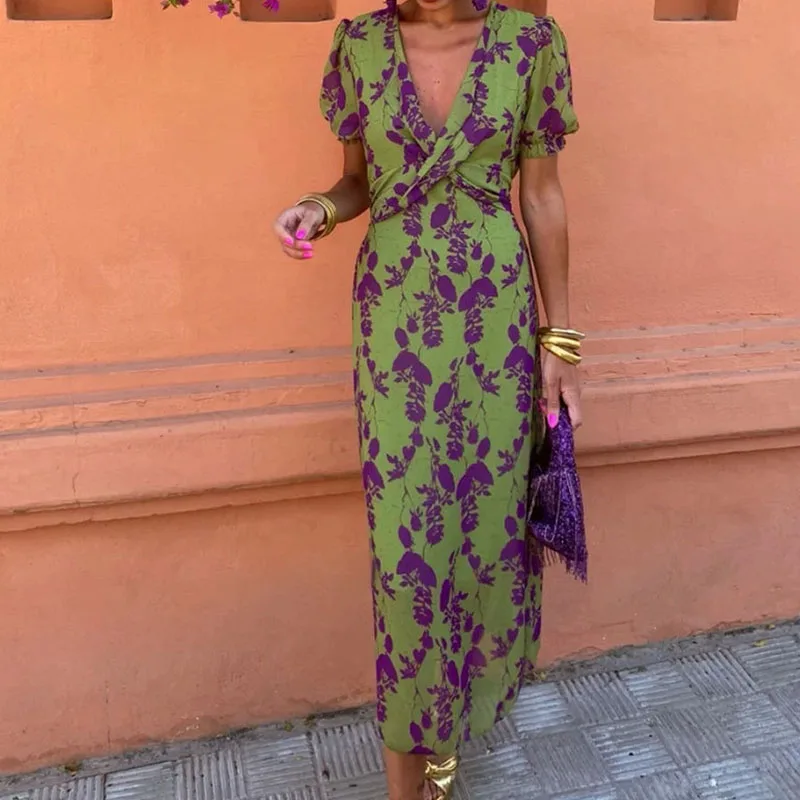 

Summer Fashion Contrast Print Party Dress Women Elegant V-neck Bohemian Long Dress 2024 Casual Short Sleeve Slim Fit Maxi Dress