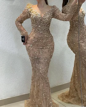 Vinca Sunny Champagne Sequined Mermaid Prom Dresses Long Sleeves Evening Party Gowns Pearls Cocktail Vestidos De Noche 2025 1