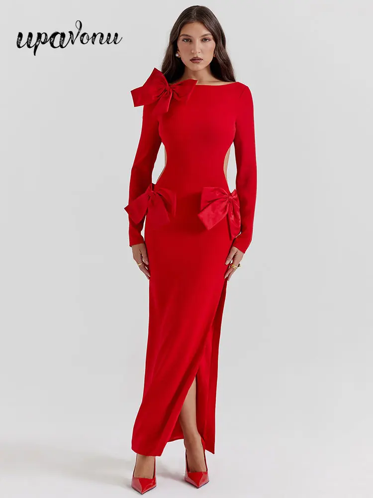 

2023 Autumn Women's Red Dress O-Neck Long Sleeve Bow Design Bodycon Split Back Long Dress Celebrity Evening Club Party Vestidos