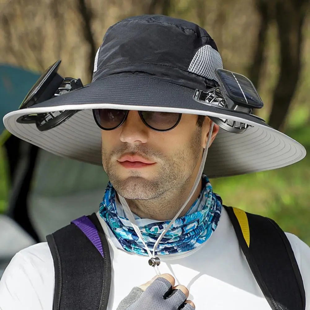 Outdoor Sun Hat 1 Set 2 Fan Large Brim Windproof Strap Solar Or USB Charging Anti-UV Sun Protection Outdoor Fishing Cap outdoor sun hat